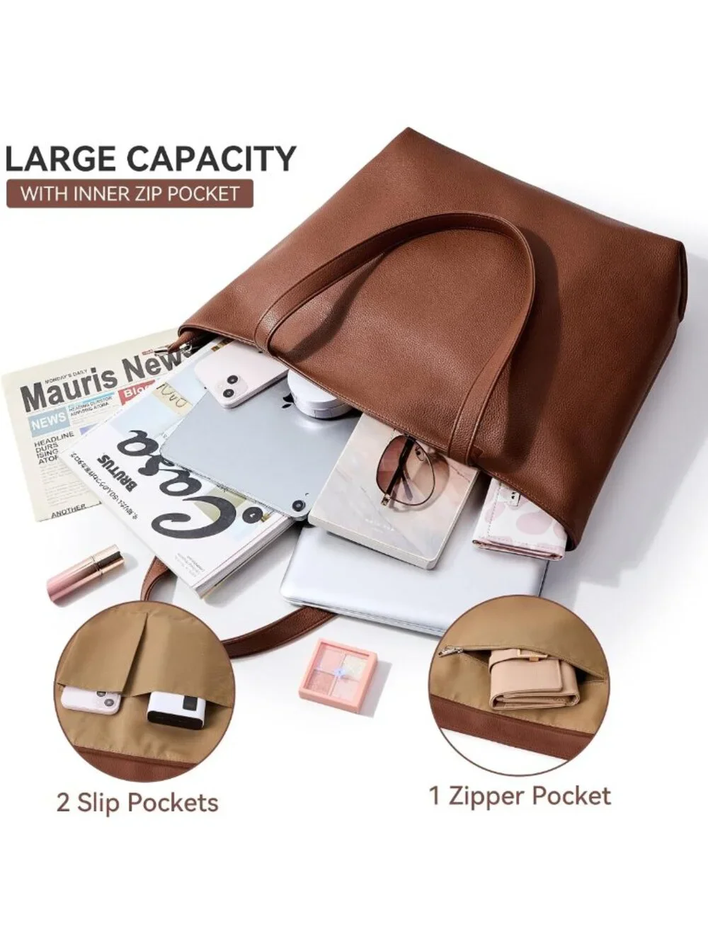 Soft Vegan Leather Tote Bag for Women | Large Hobo Zipper Purse & Casual